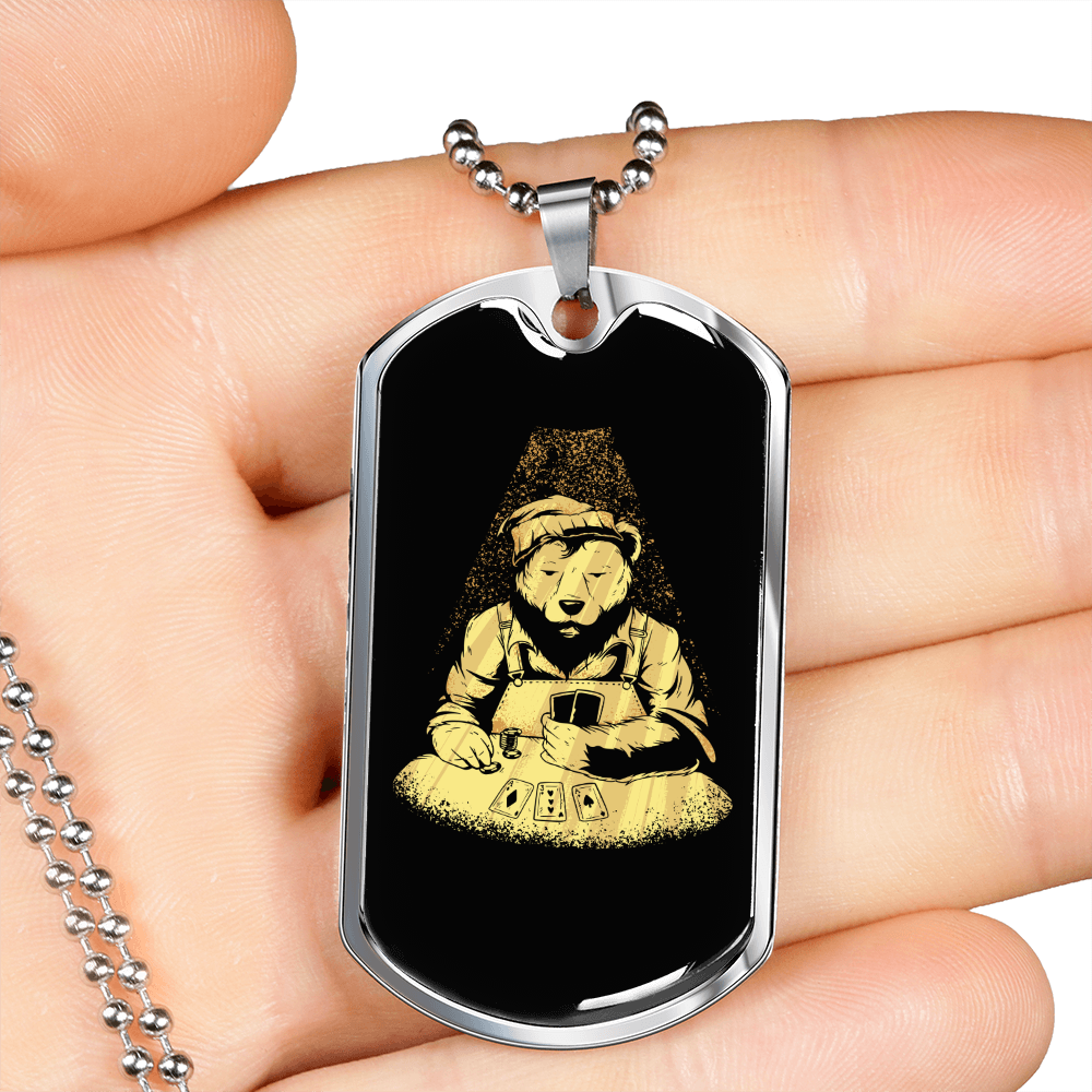 Poker Bear Gambler Necklace Stainless Steel or 18k Gold Dog Tag 24" Chain-Express Your Love Gifts