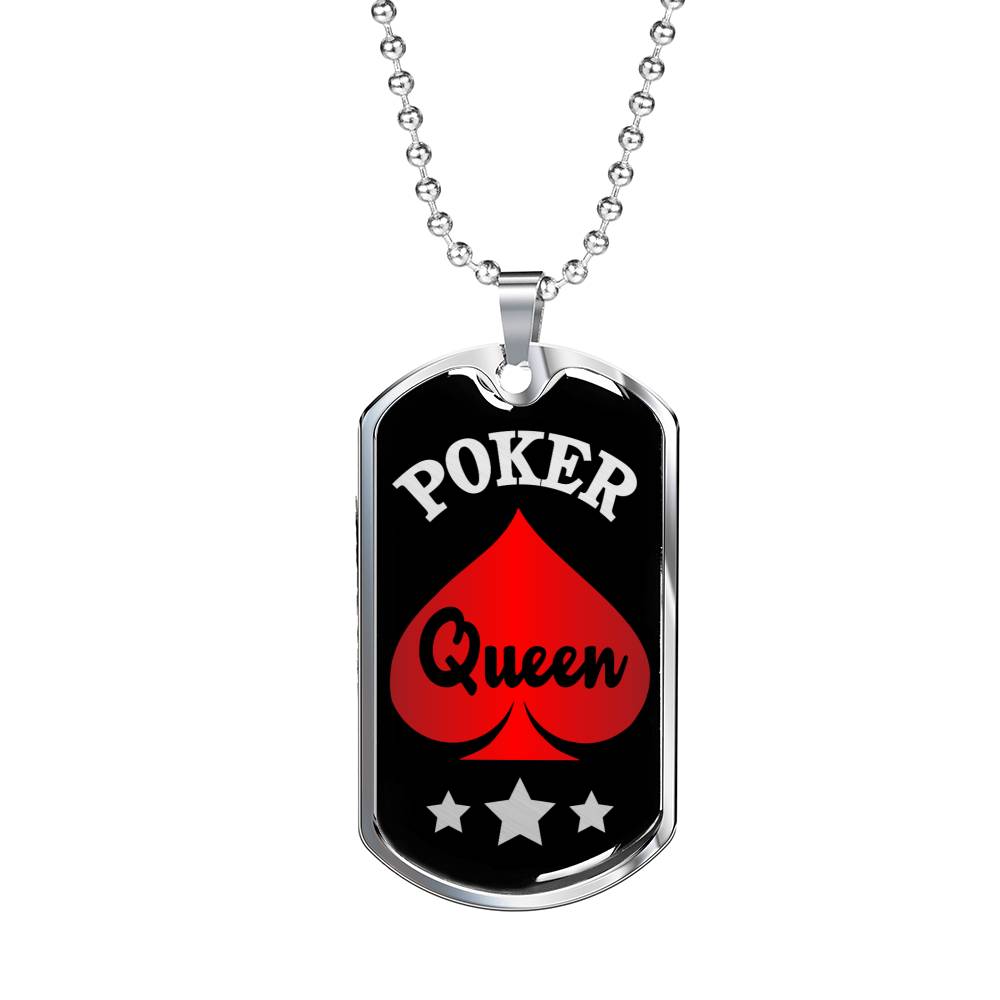 Poker Queen Dog Tag Stainless Steel or 18k Gold 24" Chain-Express Your Love Gifts