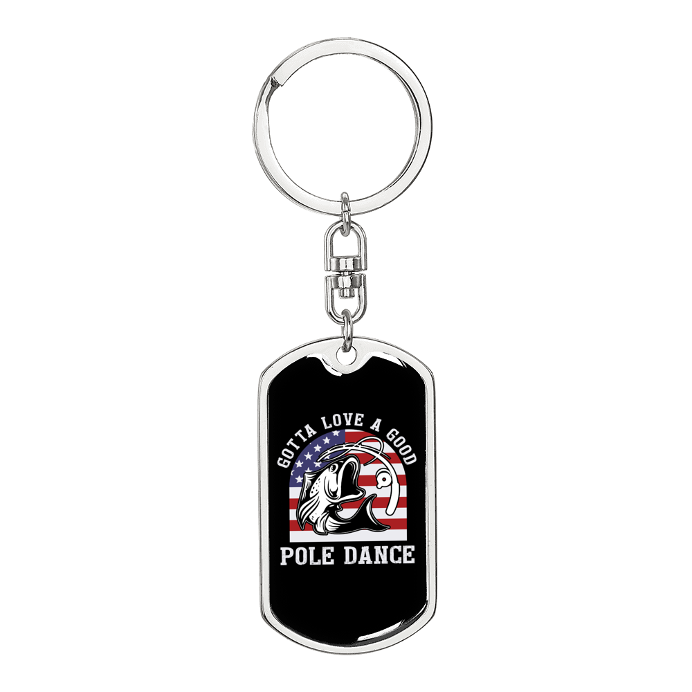 Pole Dance Fishing Keychain Stainless Steel or 18k Gold Dog Tag Keyring-Express Your Love Gifts