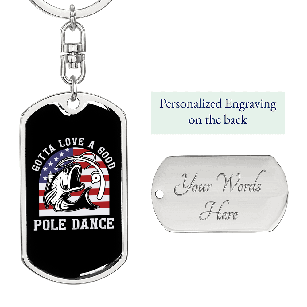 Pole Dance Fishing Keychain Stainless Steel or 18k Gold Dog Tag Keyring-Express Your Love Gifts