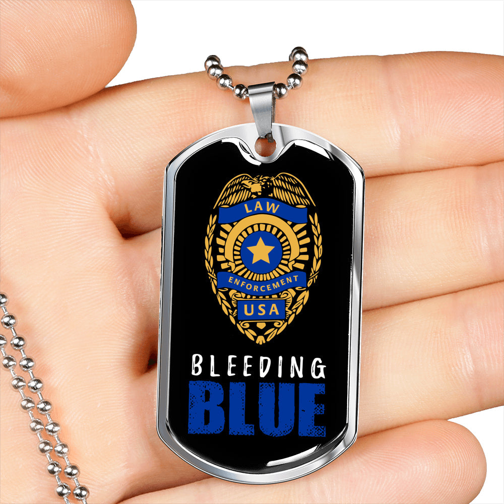 Police Gift Bleeding Blue Stainless Steel or 18k Gold Dog Tag 24" Chain-Express Your Love Gifts