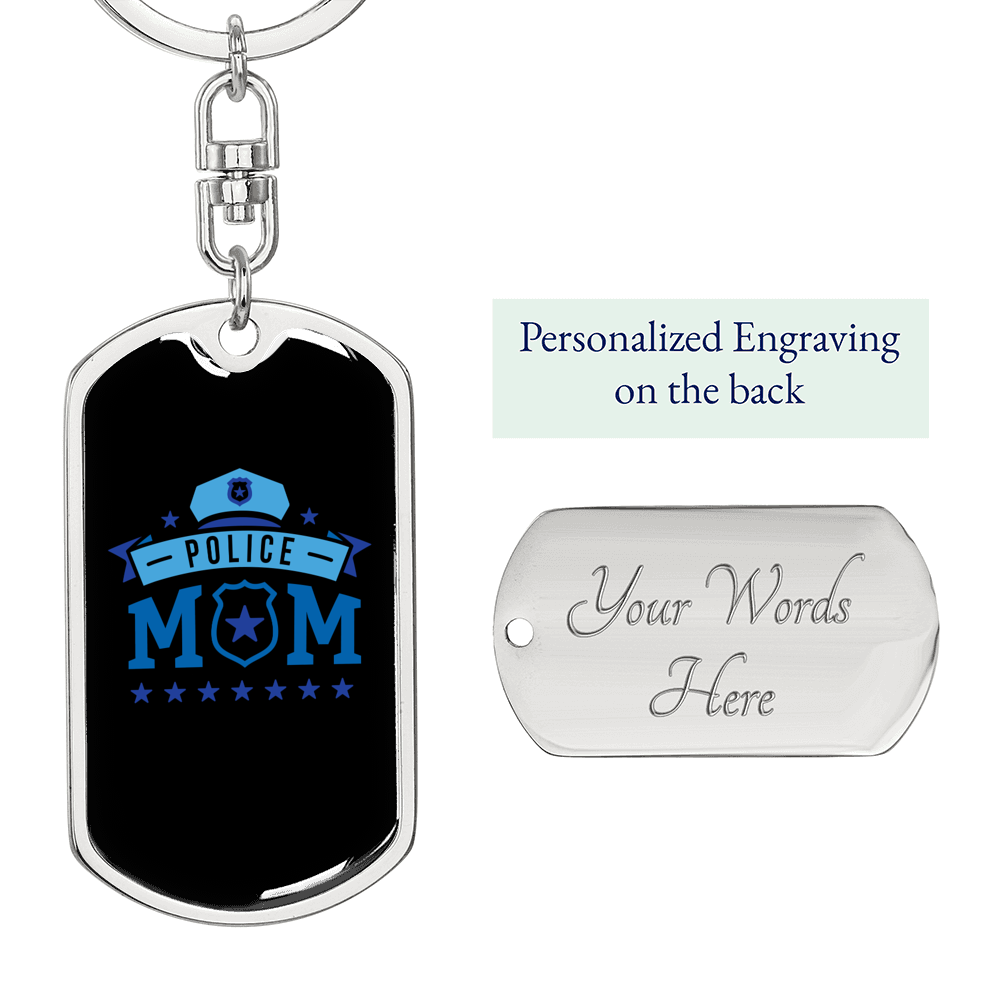 Police Mom Stars Black Keychain Stainless Steel or 18k Gold Dog Tag Keyring-Express Your Love Gifts