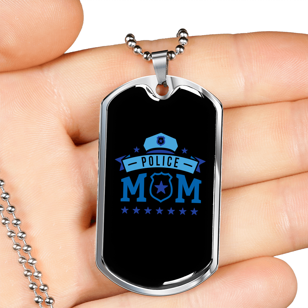 Police Mom Stars Black Necklace Stainless Steel or 18k Gold Dog Tag 24" Ball Chain-Express Your Love Gifts