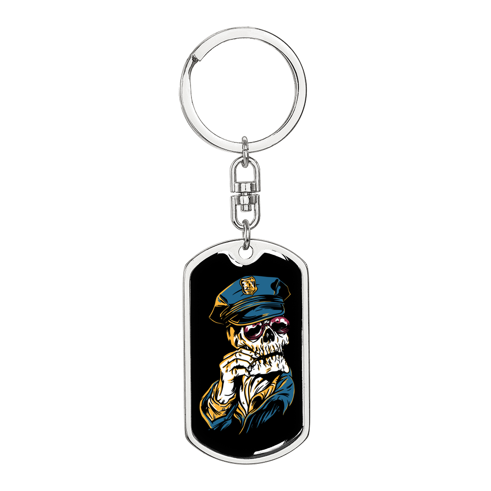 Police Skull Keychain Stainless Steel or 18k Gold Dog Tag Keyring-Express Your Love Gifts