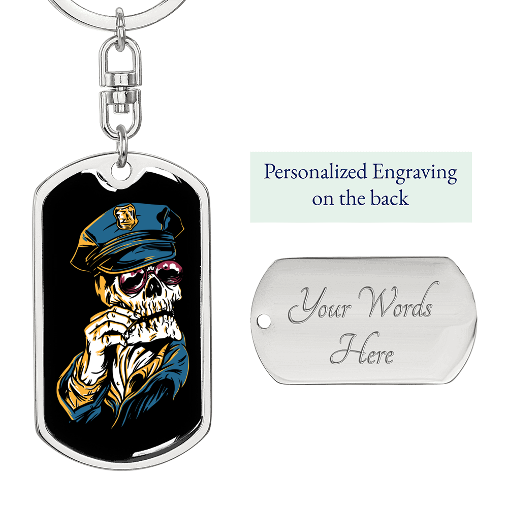 Police Skull Keychain Stainless Steel or 18k Gold Dog Tag Keyring-Express Your Love Gifts