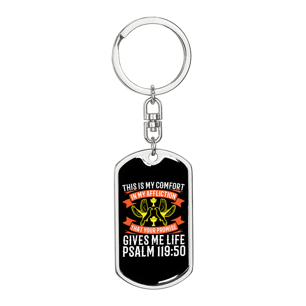 Promise Gives Life Psalm 119:50 Keychain Stainless Steel or 18k Gold Dog Tag Keyring-Express Your Love Gifts
