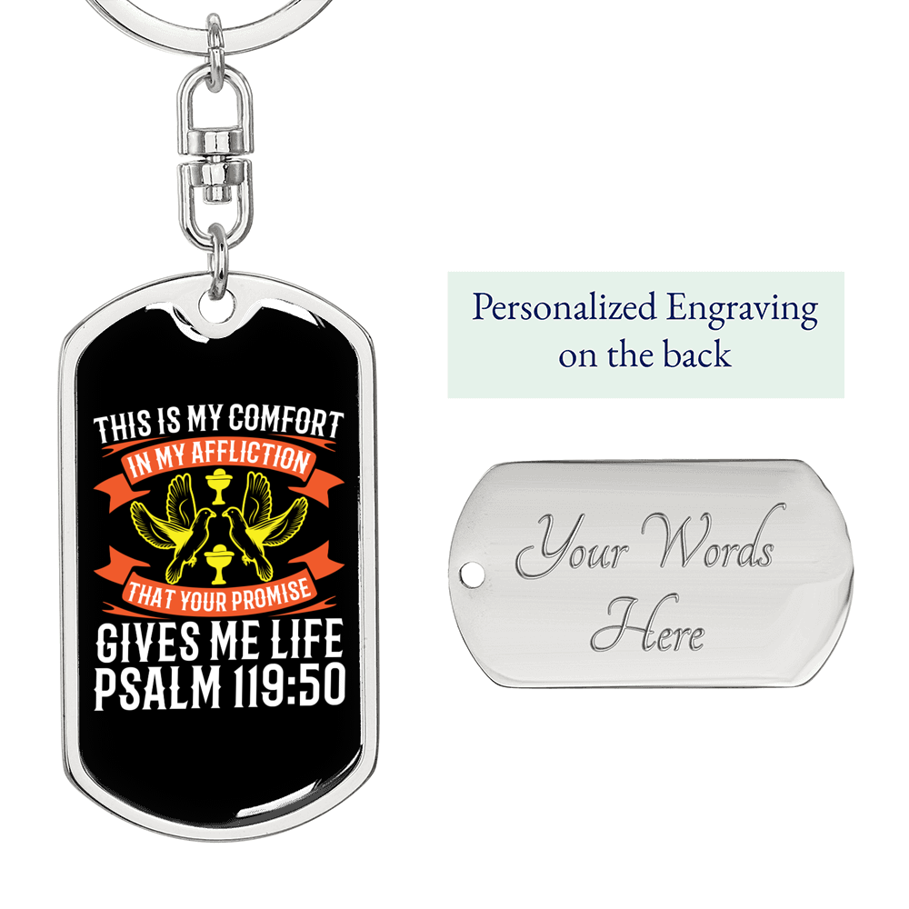 Promise Gives Life Psalm 119:50 Keychain Stainless Steel or 18k Gold Dog Tag Keyring-Express Your Love Gifts