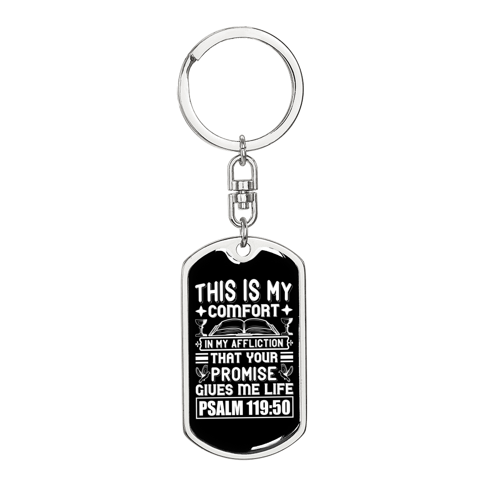 Promise Gives Me Life Psalm 119:50 Keychain Stainless Steel or 18k Gold Dog Tag Keyring-Express Your Love Gifts