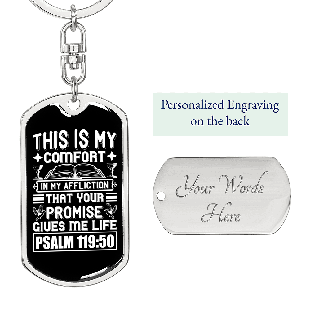 Promise Gives Me Life Psalm 119:50 Keychain Stainless Steel or 18k Gold Dog Tag Keyring-Express Your Love Gifts