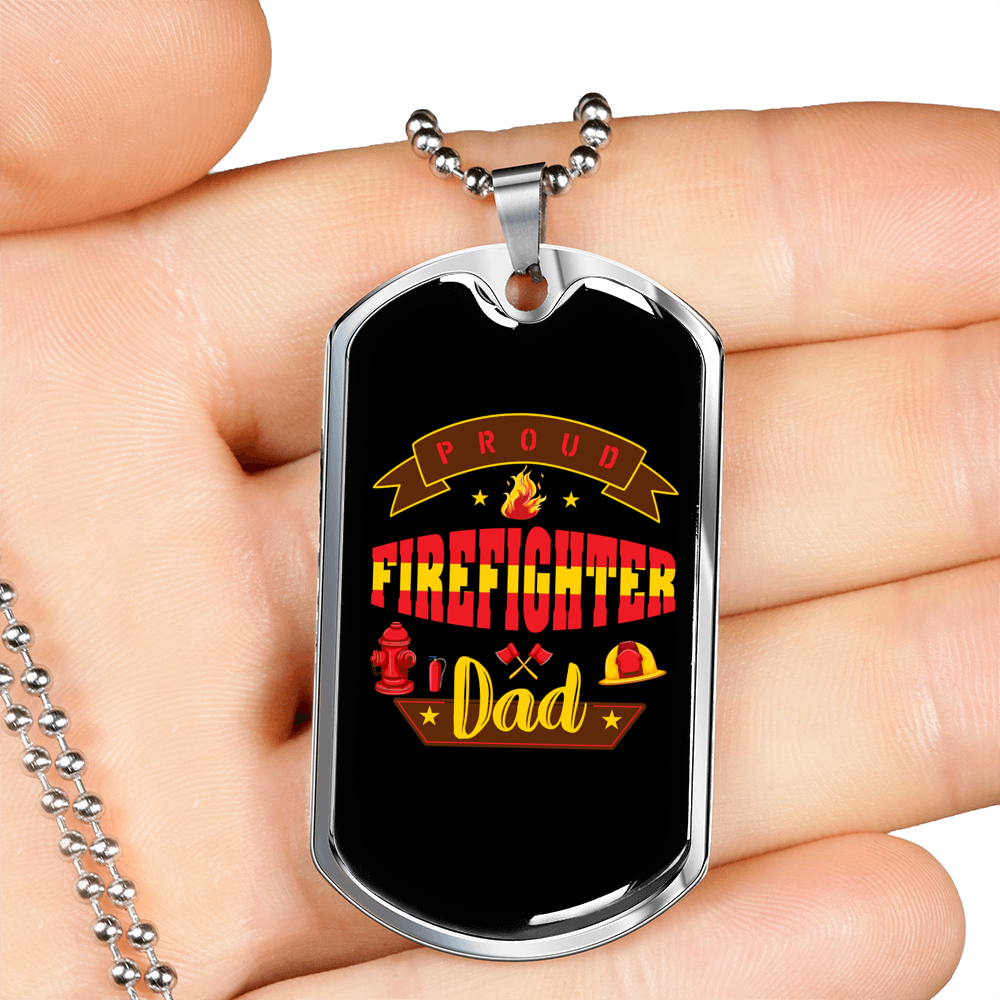 Proud Firefighter Dad Orange Necklace Stainless Steel or 18k Gold Dog Tag 24" Chain-Express Your Love Gifts