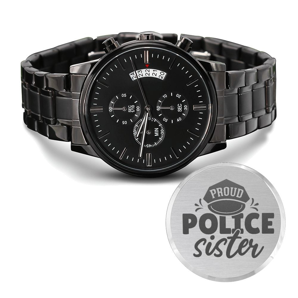 Proud Police Sister Engraved Multifunction Policeman Men's Watch Stainless Steel W Copper Dial-Express Your Love Gifts