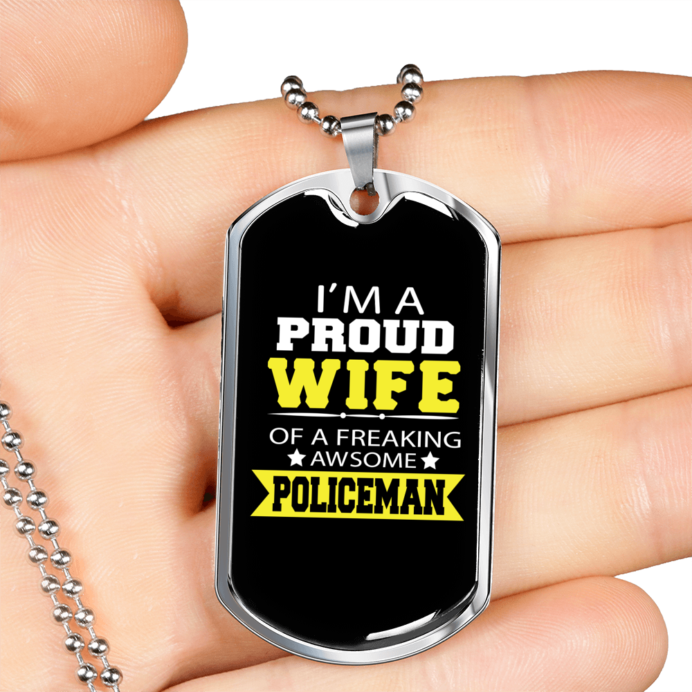 Proud Wife Of A Policeman Necklace Stainless Steel or 18k Gold Dog Tag 24"-Express Your Love Gifts
