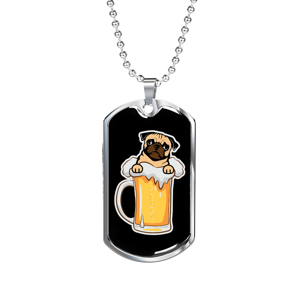 Pug Dog Beer Necklace Stainless Steel or 18k Gold Dog Tag 24" Chain-Express Your Love Gifts