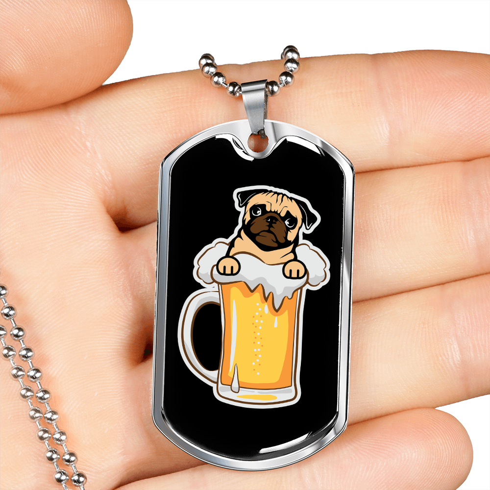Pug Dog Beer Necklace Stainless Steel or 18k Gold Dog Tag 24" Chain-Express Your Love Gifts