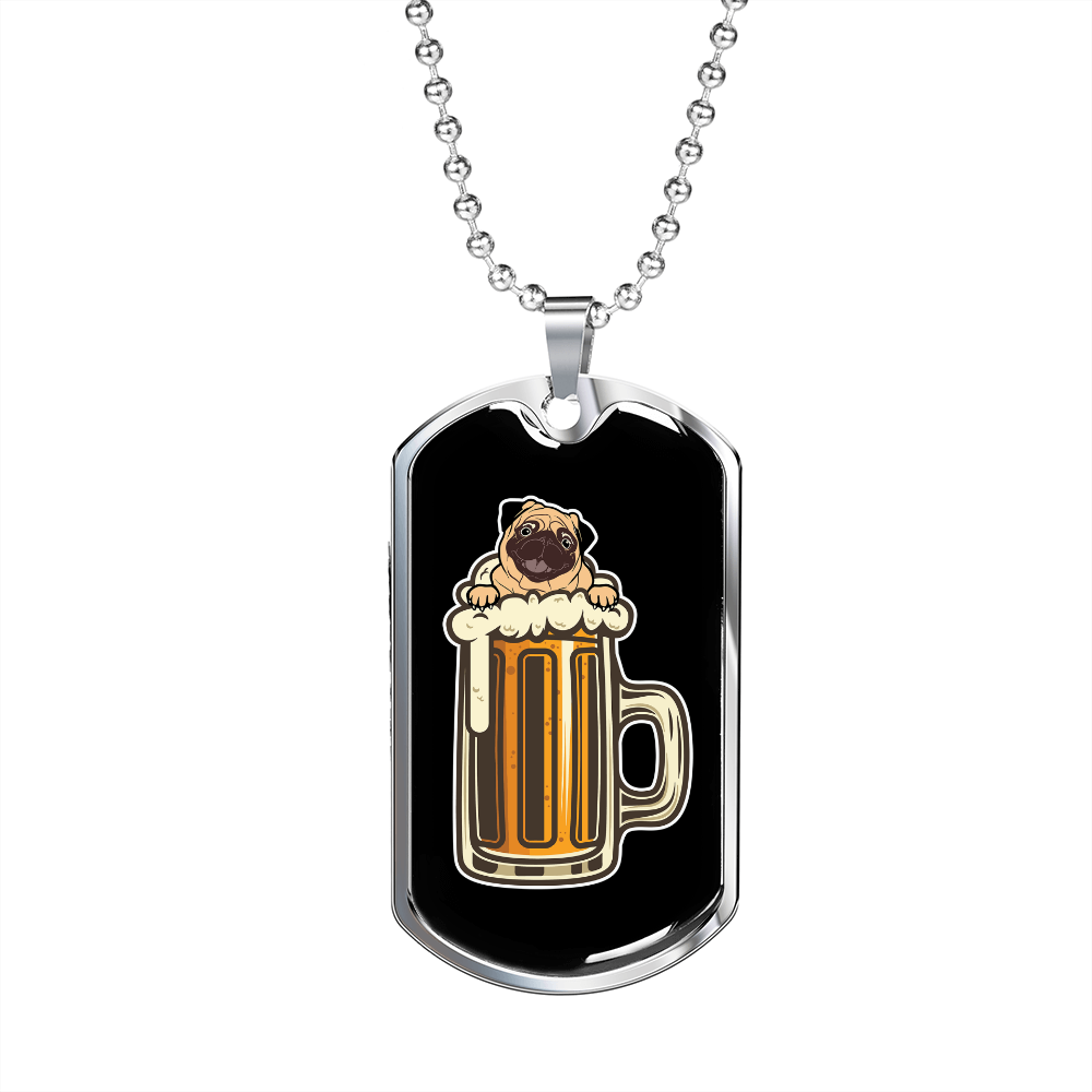 Pug in Beer Party Necklace Stainless Steel or 18k Gold Dog Tag 24" Chain-Express Your Love Gifts