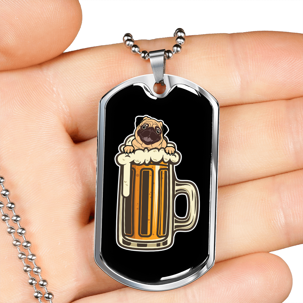 Pug in Beer Party Necklace Stainless Steel or 18k Gold Dog Tag 24" Chain-Express Your Love Gifts