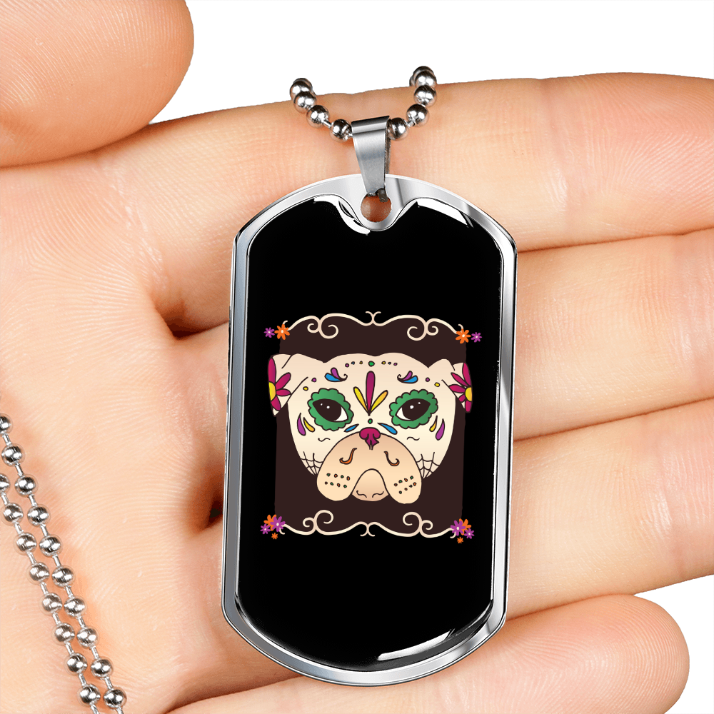 Pug Sugar Skull Necklace Stainless Steel or 18k Gold Dog Tag 24" Chain-Express Your Love Gifts