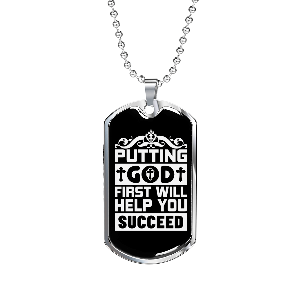 Putting God First White Christian Necklace Stainless Steel or 18k Gold Dog Tag 24" Chain-Express Your Love Gifts