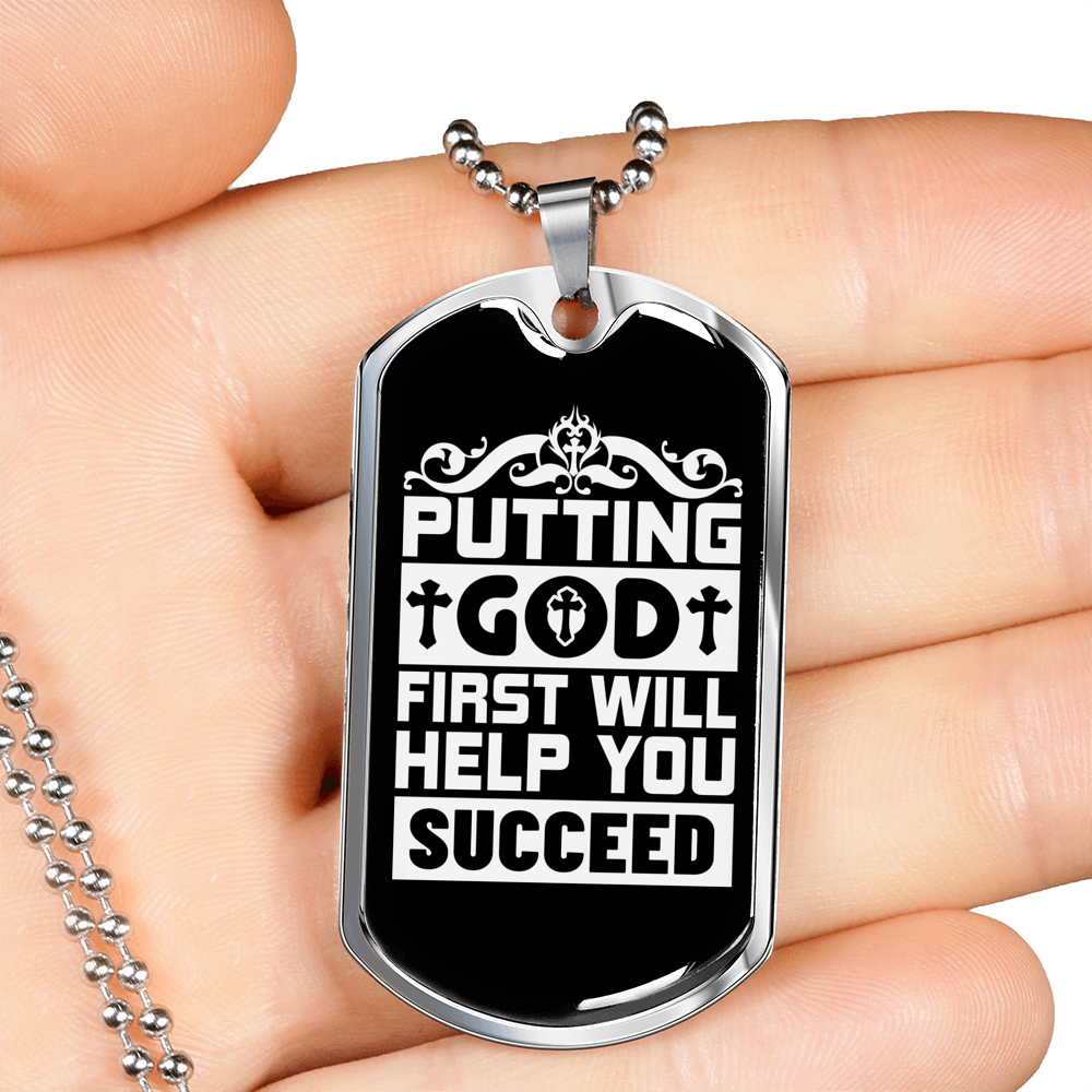 Putting God First White Christian Necklace Stainless Steel or 18k Gold Dog Tag 24" Chain-Express Your Love Gifts