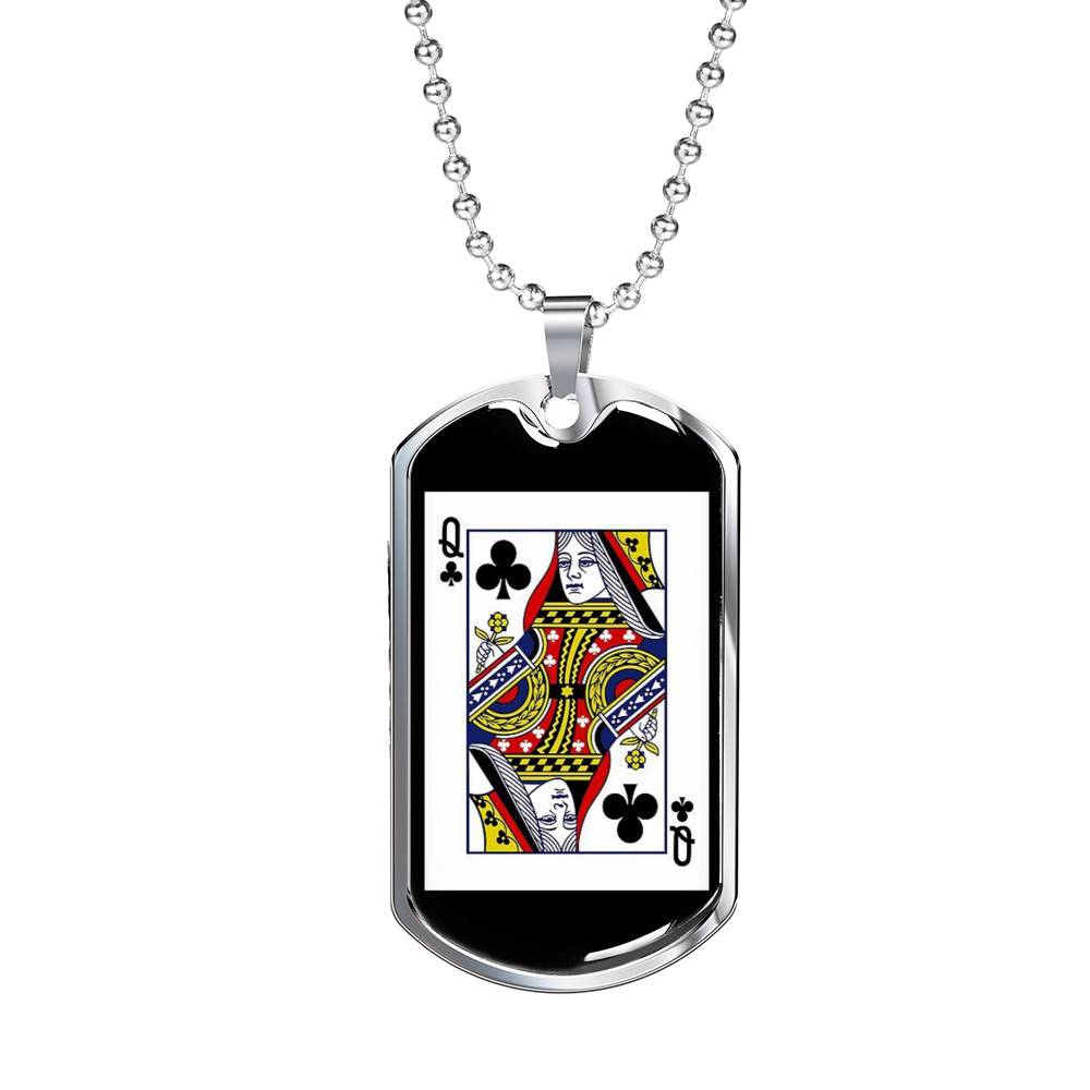 Queen Of Clubs Dog Tag Stainless Steel or 18k Gold 24" Chain-Express Your Love Gifts