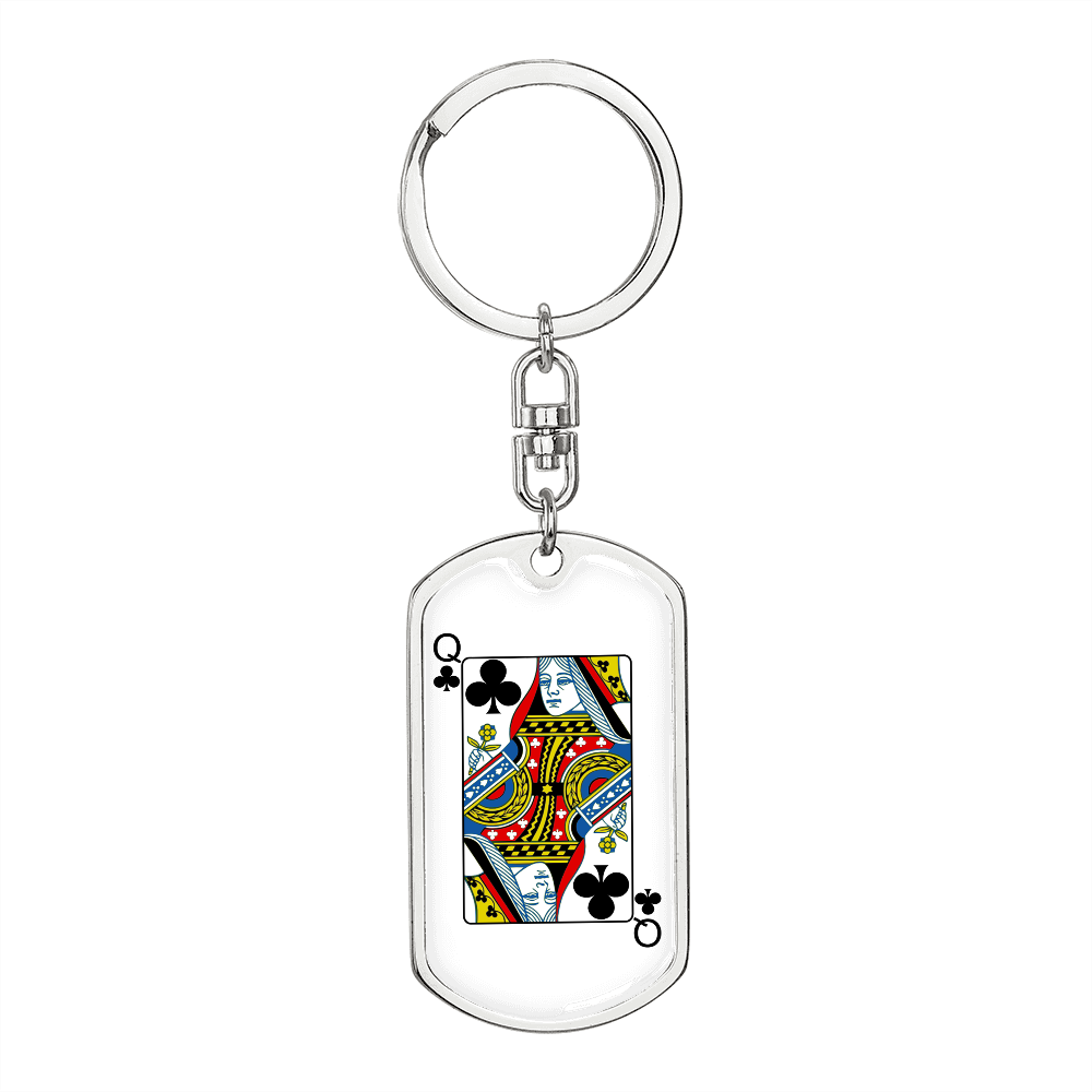 Queen of Clubs Gambler Keychain Stainless Steel or 18k Gold Dog Tag Keyring-Express Your Love Gifts