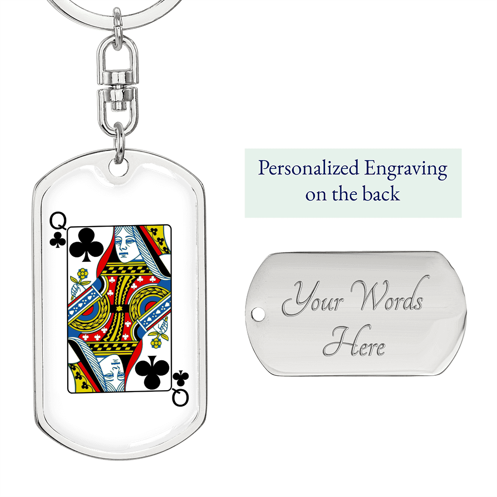 Queen of Clubs Gambler Keychain Stainless Steel or 18k Gold Dog Tag Keyring-Express Your Love Gifts