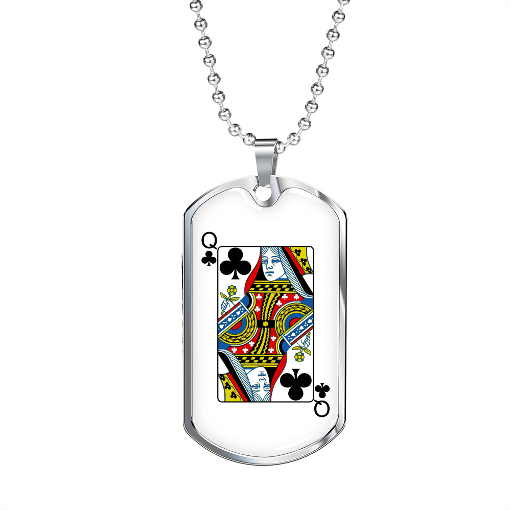 Queen of Clubs Gambler Necklace Stainless Steel or 18k Gold Dog Tag 24" Chain-Express Your Love Gifts