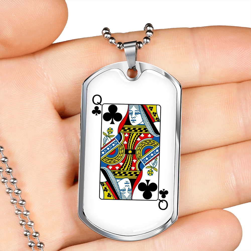 Queen of Clubs Gambler Necklace Stainless Steel or 18k Gold Dog Tag 24" Chain-Express Your Love Gifts
