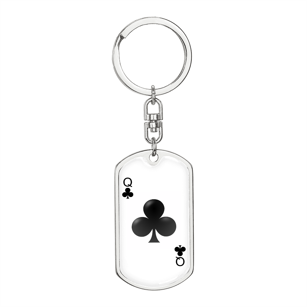Queen of Clubs Gambler Plain Keychain Stainless Steel or 18k Gold Dog Tag Keyring-Express Your Love Gifts