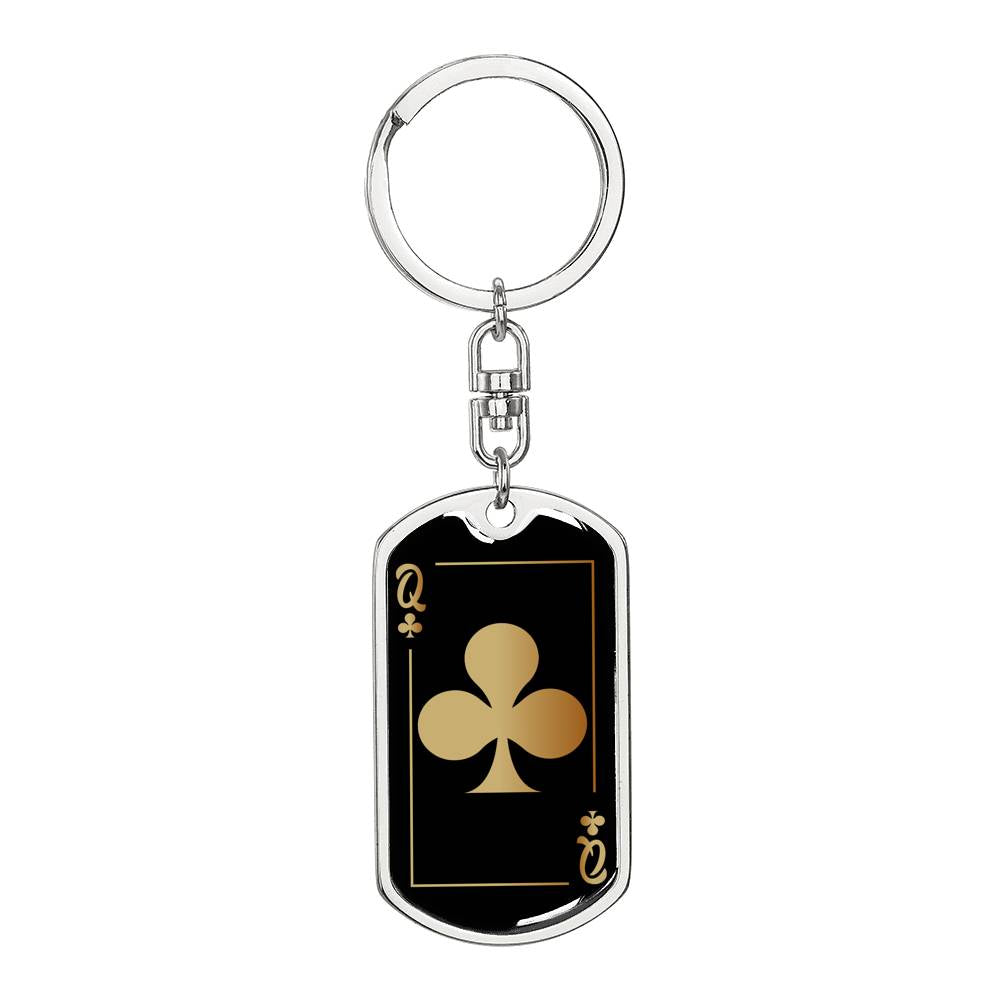 Queen Of Clubs Gold Keychain Dog Tag Stainless Steel or 18k Gold-Express Your Love Gifts