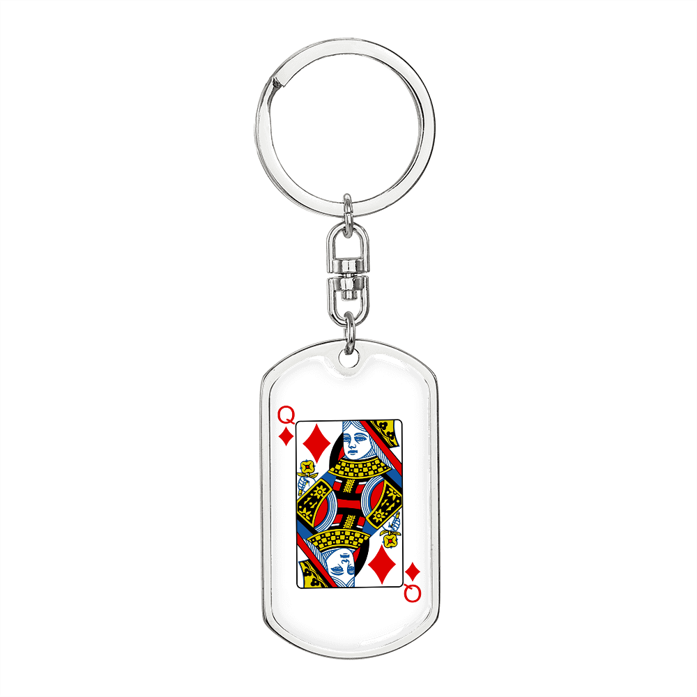 Queen of Diamonds Gambler Keychain Stainless Steel or 18k Gold Dog Tag Keyring-Express Your Love Gifts