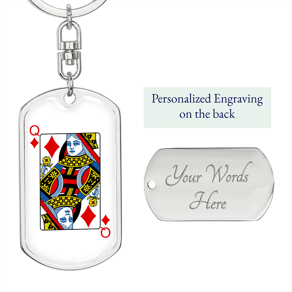 Queen of Diamonds Gambler Keychain Stainless Steel or 18k Gold Dog Tag Keyring-Express Your Love Gifts
