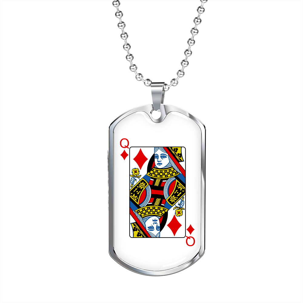 Queen of Diamonds Gambler Necklace Stainless Steel or 18k Gold Dog Tag 24" Chain-Express Your Love Gifts