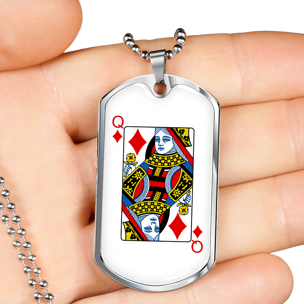 Queen of Diamonds Gambler Necklace Stainless Steel or 18k Gold Dog Tag 24" Chain-Express Your Love Gifts