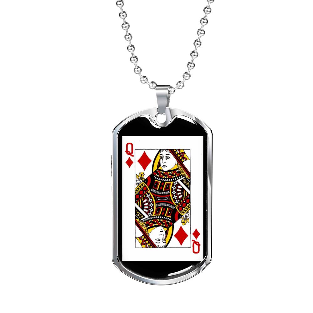 Queen Of Diamonds Poker Card Dog Tag Stainless Steel or 18k Gold 24" Chain-Express Your Love Gifts