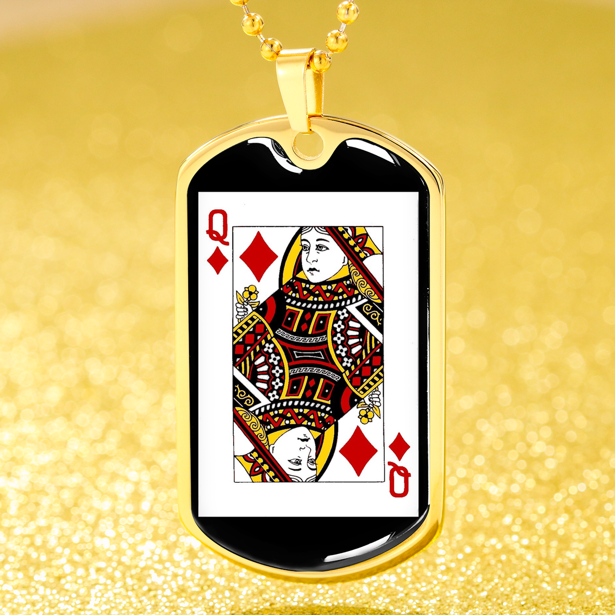 Queen Of Diamonds Poker Card Dog Tag Stainless Steel or 18k Gold 24" Chain-Express Your Love Gifts