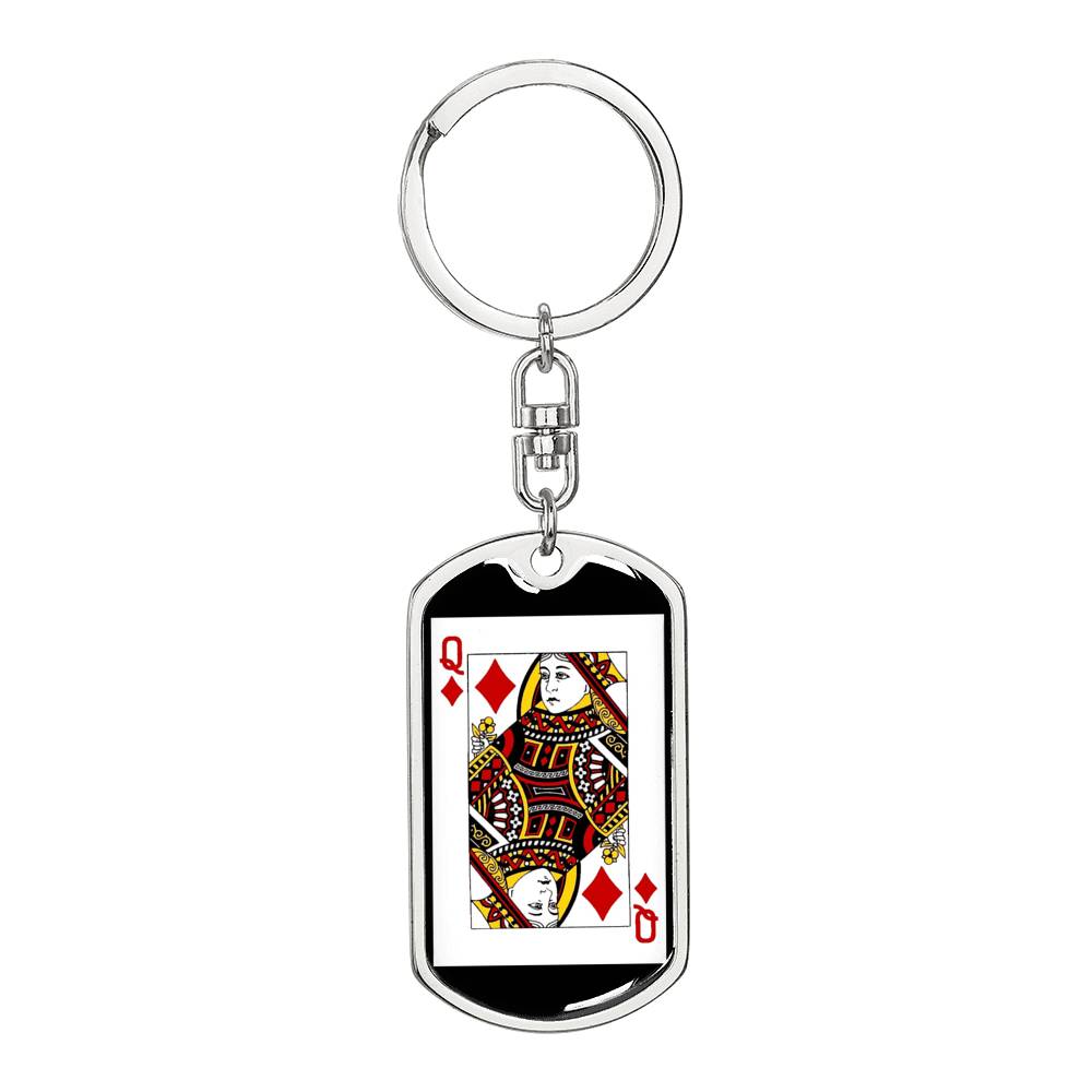 Queen Of Diamonds Poker Card Keychain Dog Tag Stainless Steel or 18k Gold-Express Your Love Gifts