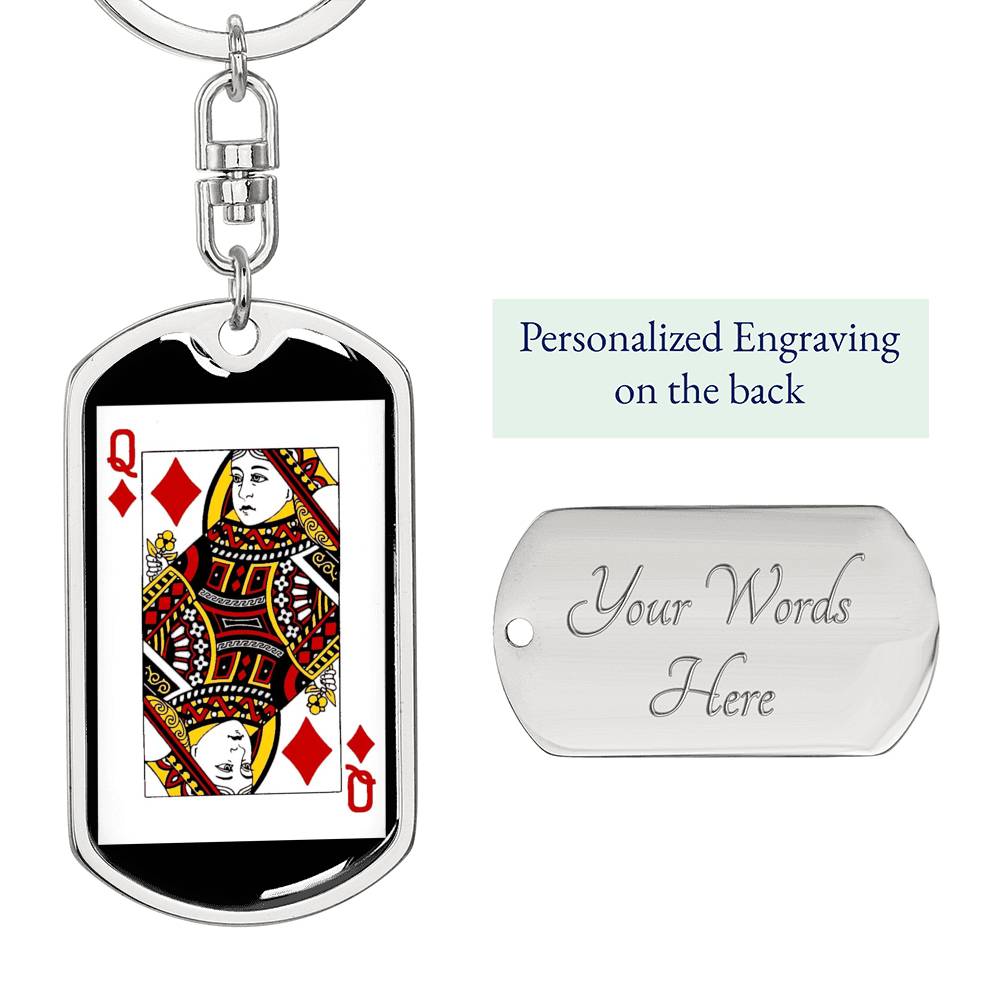 Queen Of Diamonds Poker Card Keychain Dog Tag Stainless Steel or 18k Gold-Express Your Love Gifts