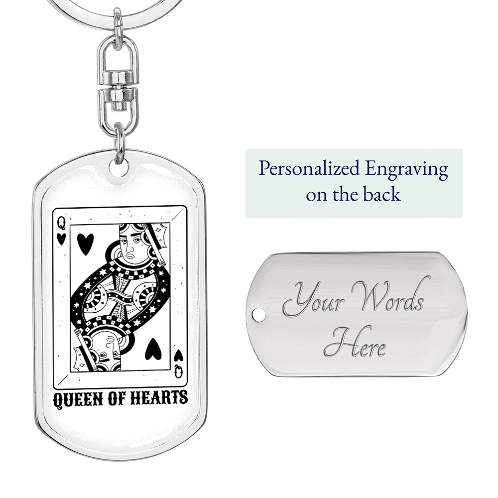 Queen Of Hearts Gambler Dark Keychain Stainless Steel or 18k Gold Dog Tag Keyring-Express Your Love Gifts