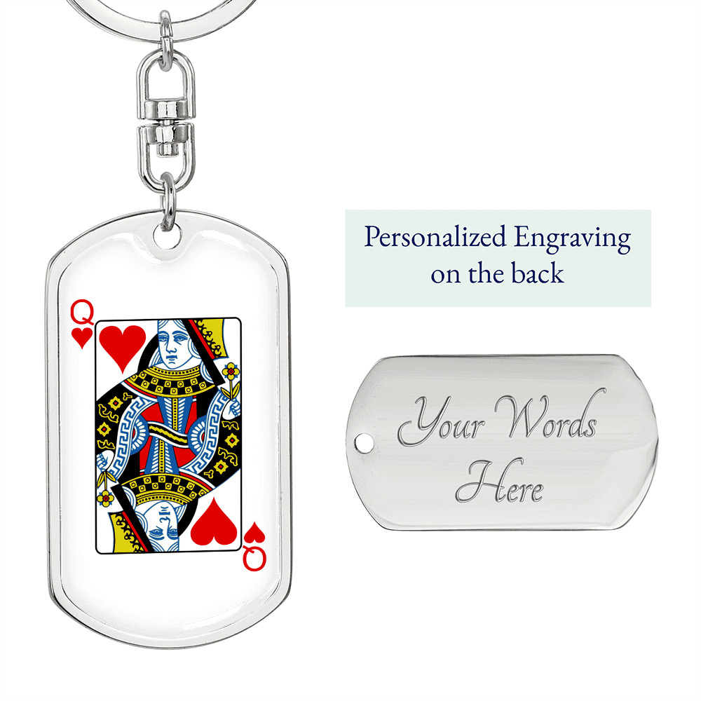 Queen of Hearts Gambler Keychain Stainless Steel or 18k Gold Dog Tag Keyring-Express Your Love Gifts