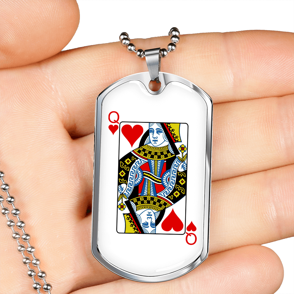 Queen of Hearts Gambler Necklace Stainless Steel or 18k Gold Dog Tag 24" Chain-Express Your Love Gifts