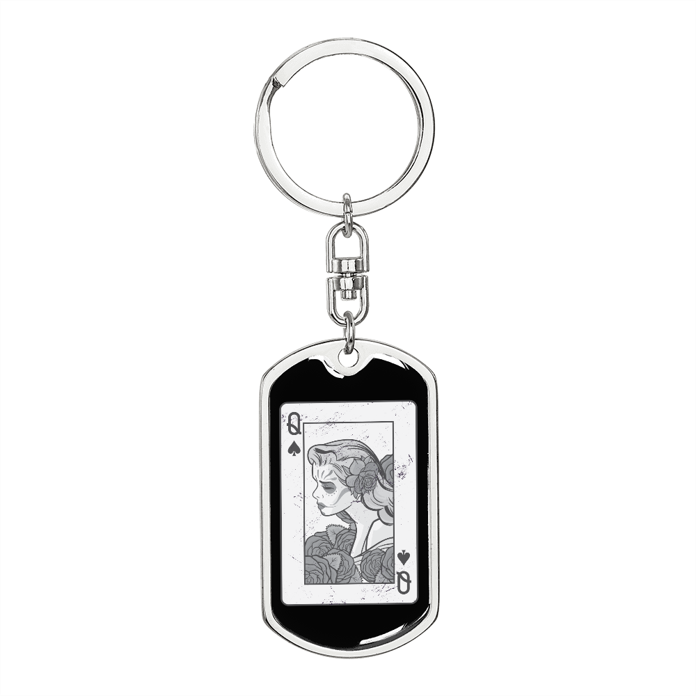 Queen of Spade Gambler Keychain Stainless Steel or 18k Gold Dog Tag Keyring-Express Your Love Gifts