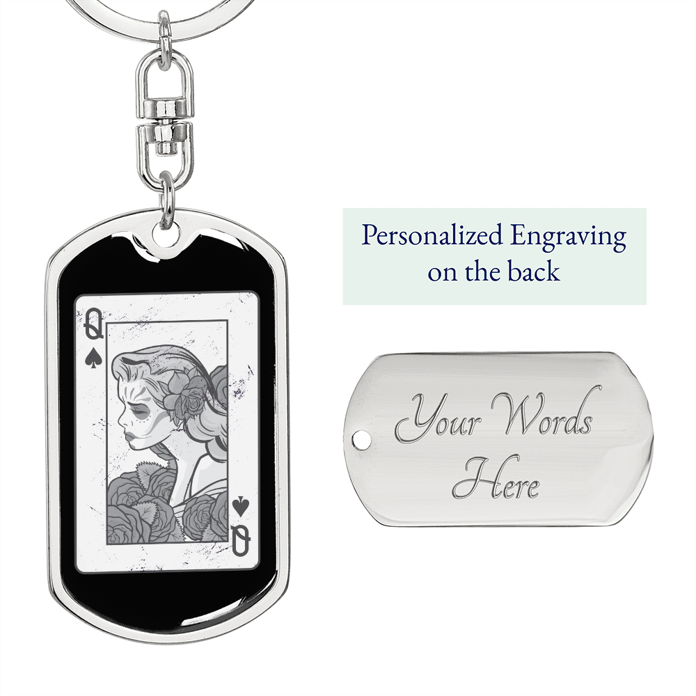 Queen of Spade Gambler Keychain Stainless Steel or 18k Gold Dog Tag Keyring-Express Your Love Gifts