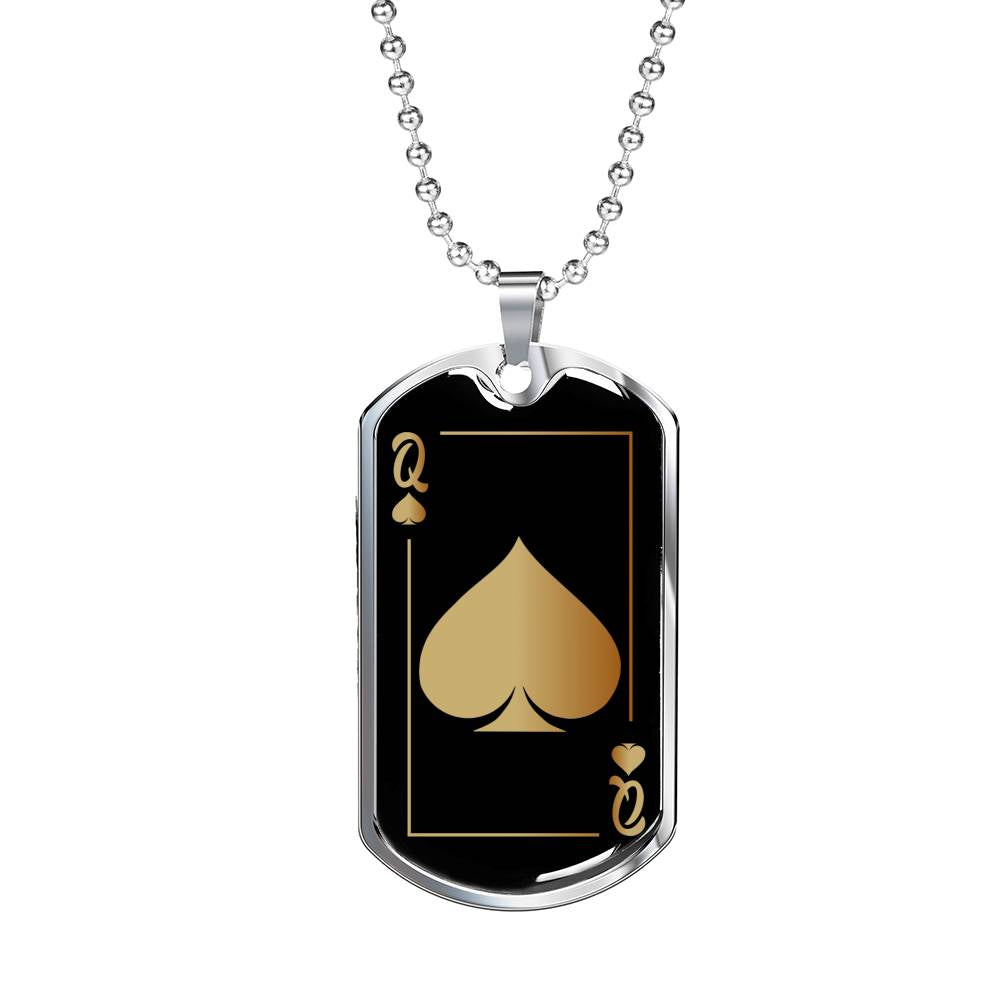 Queen Of Spades Dog Tag Stainless Steel or 18k Gold 24" Chain-Express Your Love Gifts