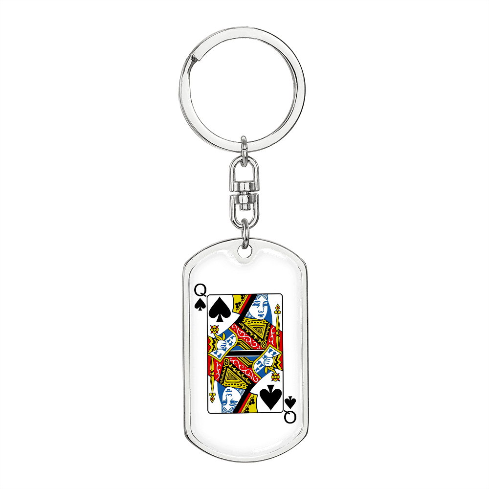 Queen of Spades Gambler Keychain Stainless Steel or 18k Gold Dog Tag Keyring-Express Your Love Gifts