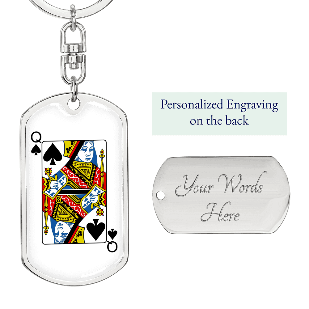 Queen of Spades Gambler Keychain Stainless Steel or 18k Gold Dog Tag Keyring-Express Your Love Gifts