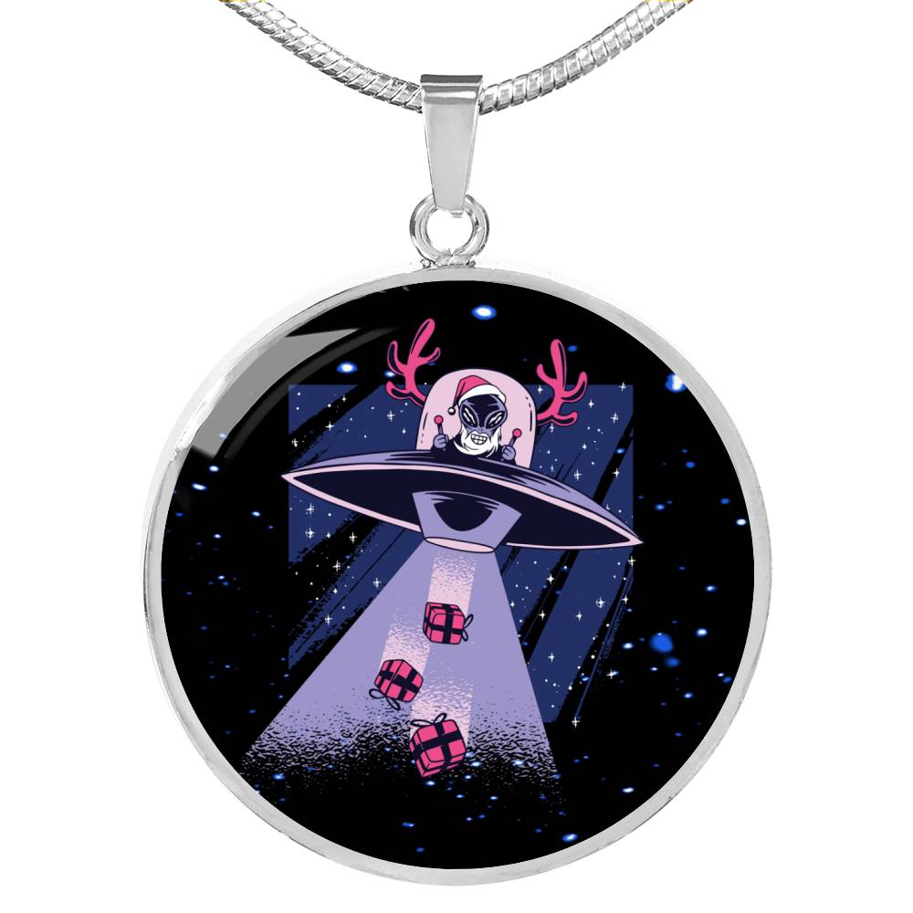 Ready Santa Alien Circle Pendant UFO Alien Fan Necklace Stainless Steel or 18k Gold 18-22"-Express Your Love Gifts