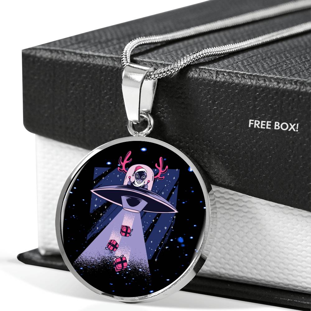 Ready Santa Alien Circle Pendant UFO Alien Fan Necklace Stainless Steel or 18k Gold 18-22"-Express Your Love Gifts