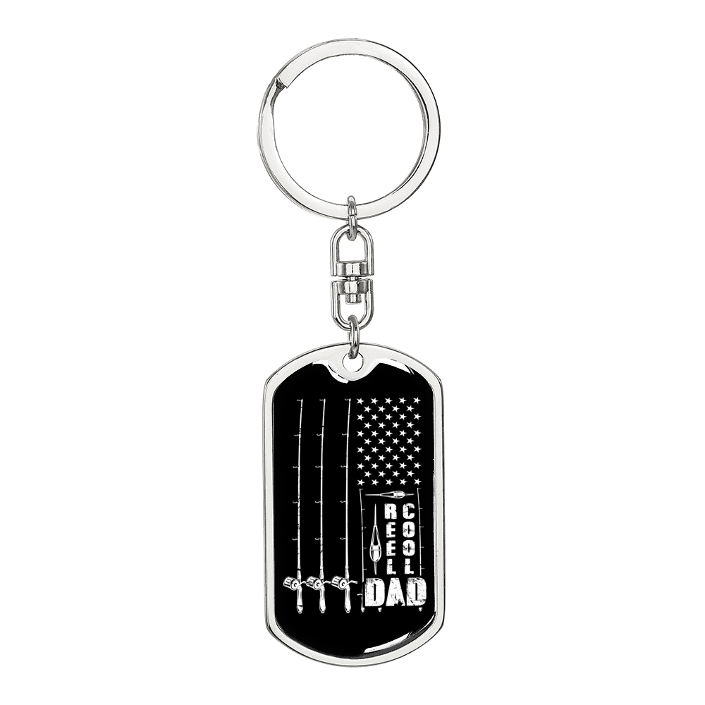 Reel Cool Dad Black Fishing Keychain Stainless Steel or 18k Gold Dog Tag Keyring-Express Your Love Gifts