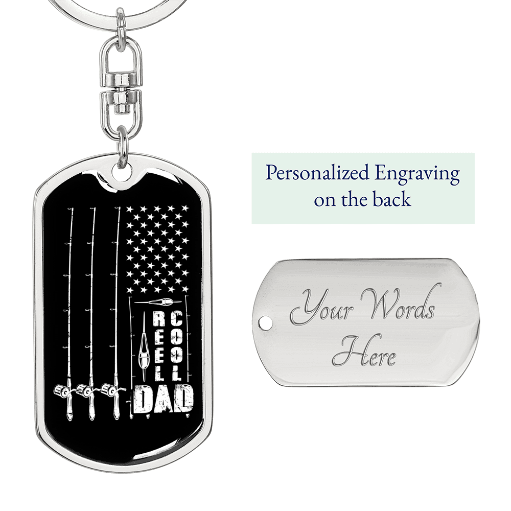 Reel Cool Dad Black Fishing Keychain Stainless Steel or 18k Gold Dog Tag Keyring-Express Your Love Gifts